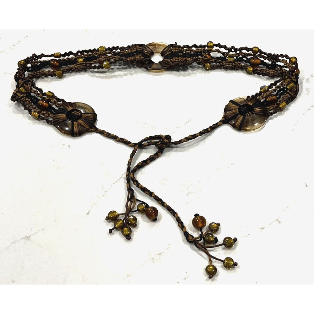 Retro Womens Macrame Brown Black Resin Bead BOHO BOHEMIAN Tie Belt lgth 36-72 "